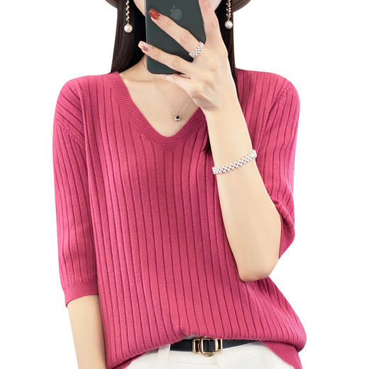 丁摩 五分袖针织打底衫女V领套头半袖薄毛衣简约纯色毛衫中袖上衣T恤5ZF-4281 商品图4