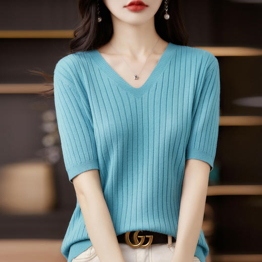 丁摩 五分袖针织打底衫女V领套头半袖薄毛衣简约纯色毛衫中袖上衣T恤5ZF-4281 商品图0