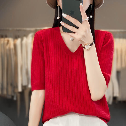 丁摩 五分袖针织打底衫女V领套头半袖薄毛衣简约纯色毛衫中袖上衣T恤5ZF-4281 商品图7