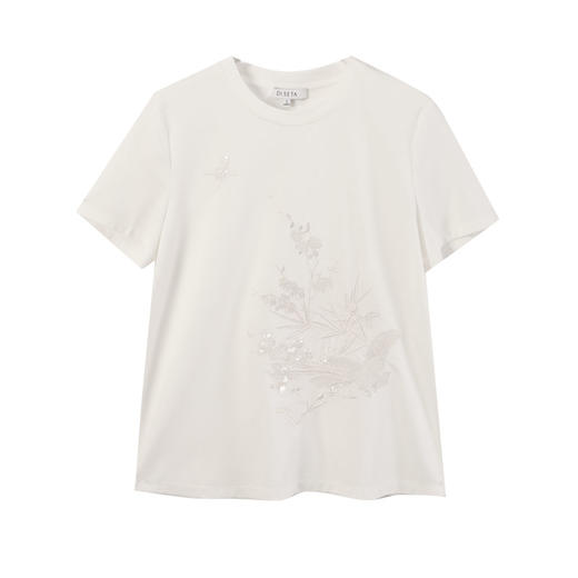 玳莎新中式绣花T恤女2025夏季新款通勤简约百搭白色圆领短袖上衣  FB32107 商品图4