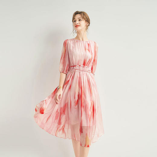 丁摩 真丝连衣裙优雅夏季女装高级感新款收腰气质时尚桑蚕丝女长裙5ZF-065 商品图5