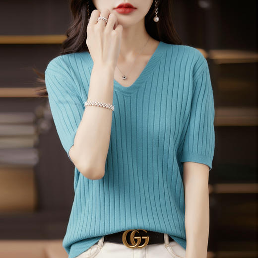 丁摩 五分袖针织打底衫女V领套头半袖薄毛衣简约纯色毛衫中袖上衣T恤5ZF-4281 商品图1