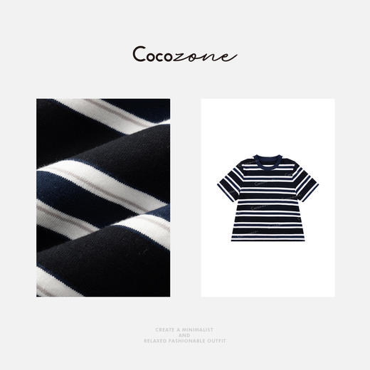 COCO ZONE 刘一一 撞色条纹圆领短袖复古通勤风T恤CD2A0742 商品图2