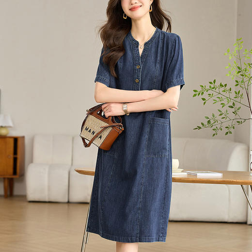 丁摩 复古薄款短袖牛仔连衣裙女夏季新款宽松显瘦遮肉休闲直筒裙子5ZF-8566 商品图2