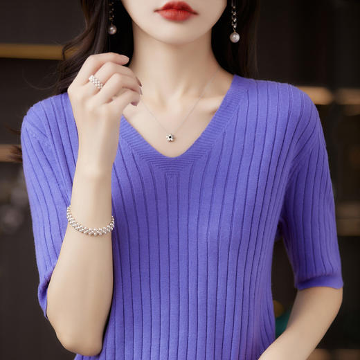 丁摩 五分袖针织打底衫女V领套头半袖薄毛衣简约纯色毛衫中袖上衣T恤5ZF-4281 商品图3