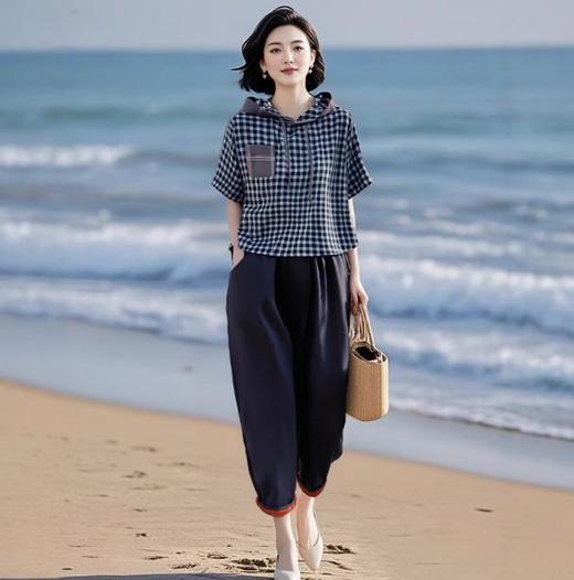 棉质格子上衣+松紧腰天丝棉萝卜裤两件套装LJX-058 商品图0