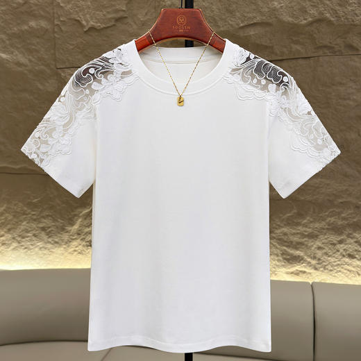 丁摩 肩膀拼接蕾丝花边短袖T恤女棉夏季新款休闲百搭上衣圆领纯色5ZF-M720 商品图2
