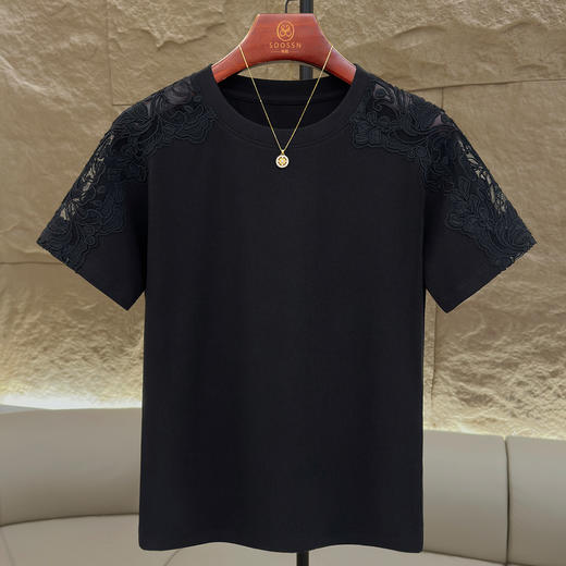 丁摩 肩膀拼接蕾丝花边短袖T恤女棉夏季新款休闲百搭上衣圆领纯色5ZF-M720 商品图1