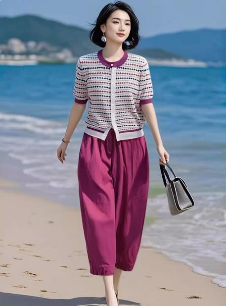 树莓色冰丝针织开衫，松紧腰哈伦裤两件套装SD-475 商品图0