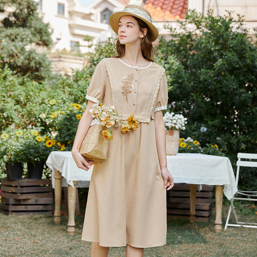 famecoco范可儿休闲修身连衣裙女夏装文艺刺绣天丝棉长裙FAB3FA001 商品图0