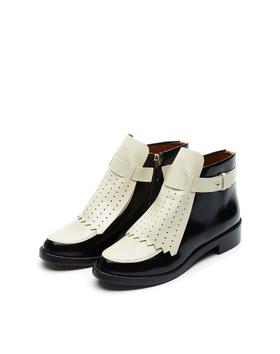 888736586100  汤丽柏琦Tory Burch   Tory Burch女款米白/黑色穿孔拼接侧拉链短靴【以实拍图为准】