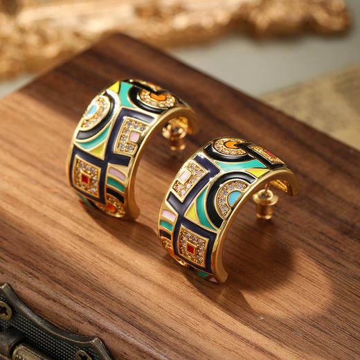 丁摩 复古彩色珐琅C形耳钉大气高级感轻奢时尚百搭耳环耳饰女5ZF-1485 商品图0