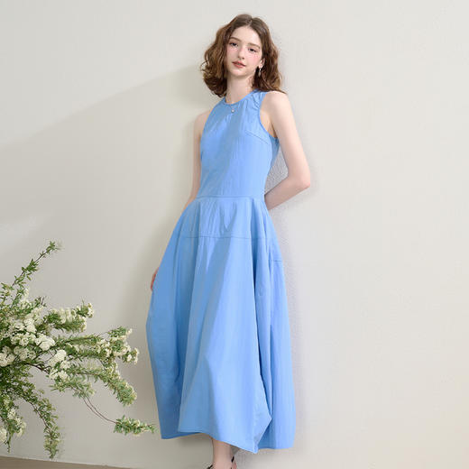 西遇法式无袖背心裙女夏季新款口袋圆领收腰蓝色大裙摆长裙SS050447 商品图1