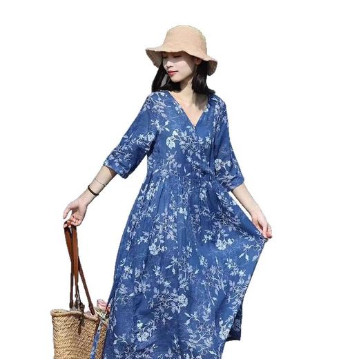 雀说 棉麻印花连衣裙女宽松复古V领五分袖过膝长裙子6078 商品图4