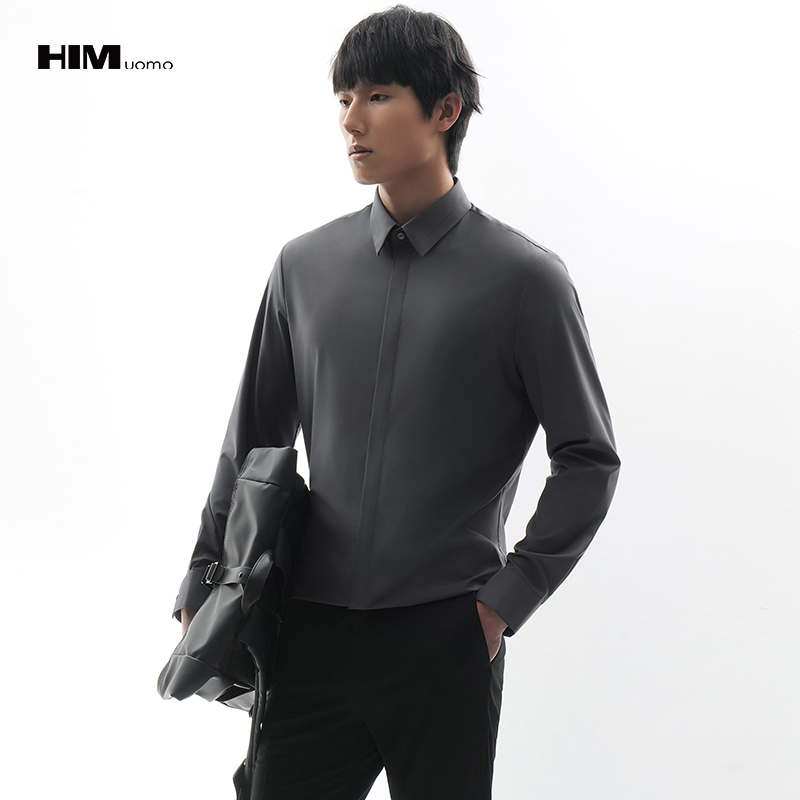 HIM漢崇  日常通勤商务正装衬衫锁链线绣花衣领长袖衬衫 2026春