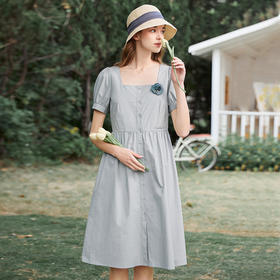 Famecoco范可儿方领泡泡袖连衣裙夏款法式高腰气质中长裙FAB3FA031