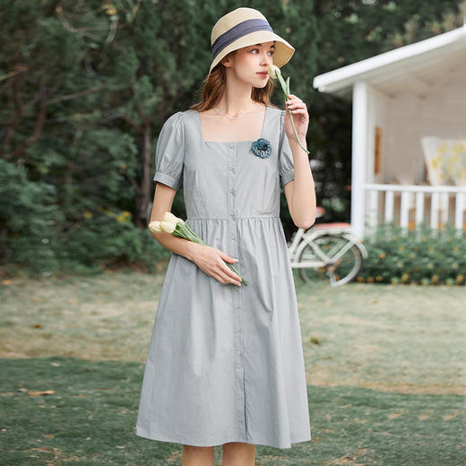 Famecoco范可儿方领泡泡袖连衣裙夏款法式高腰气质中长裙FAB3FA031 商品图0