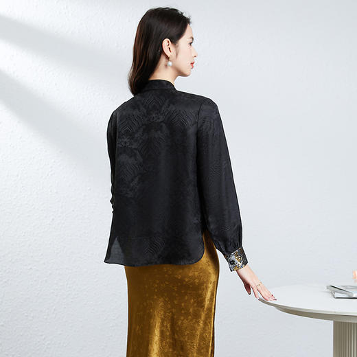 丁摩 国风衬衫女春季新款新中式衬衣收腰盘扣立领真丝桑蚕丝上衣5ZF-25012 商品图3