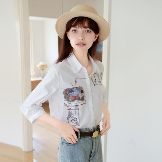 谜底白衬衫七分袖女士2025夏季新款通勤风印花合体衬衣256MC6245 商品图1