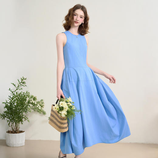 西遇法式无袖背心裙女夏季新款口袋圆领收腰蓝色大裙摆长裙SS050447 商品图0