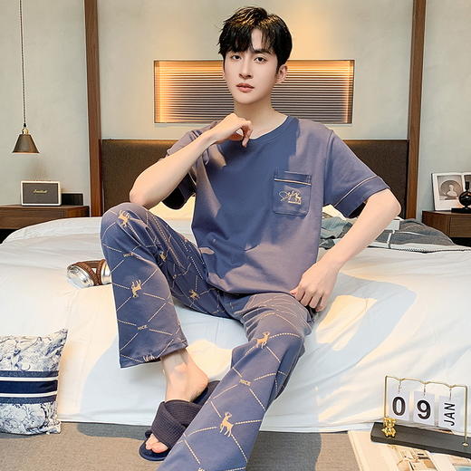 自然醒浮云家居服睡衣男士夏季纯棉薄款短袖长裤可外穿宽松大码家居服套装QH 商品图10