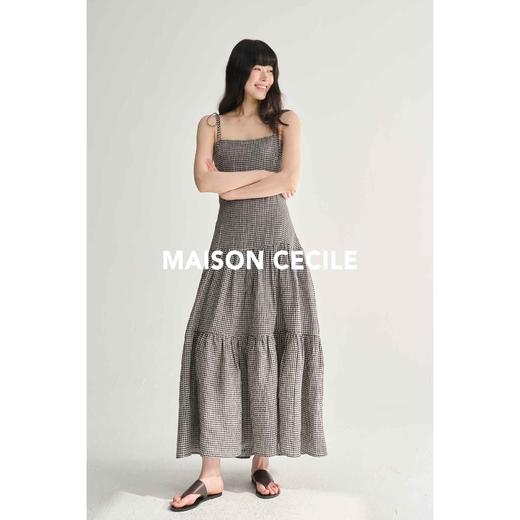 MAISON CECILE复古法式随性格纹/白色收腰显瘦A字吊带连衣裙 商品图1