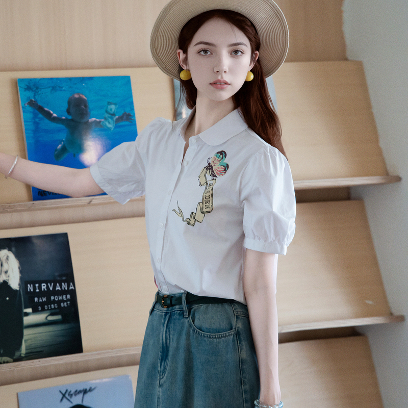 谜底白衬衫短袖女2025夏季新款百搭小翻领印花合体衬衣256MC6258