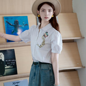 谜底白衬衫短袖女2025夏季新款百搭小翻领印花合体衬衣256MC6258