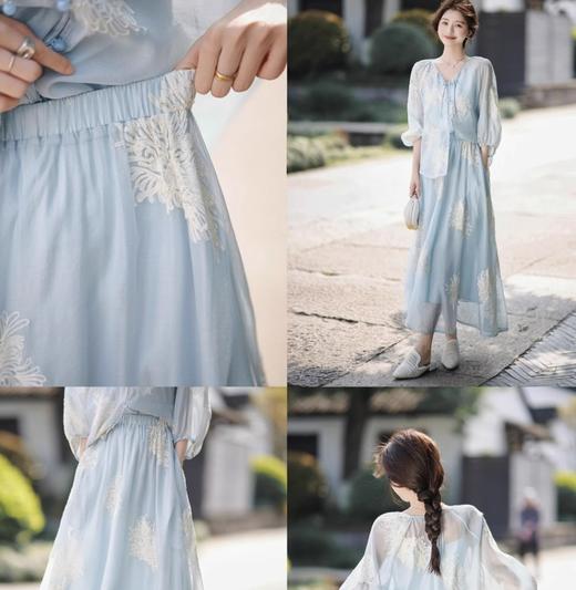 3-7天发货【ORIGNAL&CO  浅蓝菊花刺绣大花套装】夏日浅蓝 好看百搭 新中式裙装 商品图2