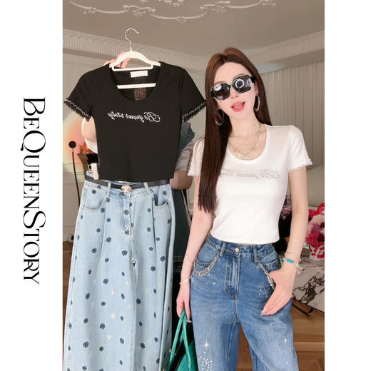 【孤品样衣，不退不换】【度假时光】镂空蕾丝花边拼接百搭修身短袖上衣2025春装新款 商品图0