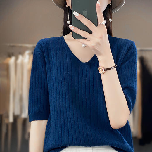 丁摩 五分袖针织打底衫女V领套头半袖薄毛衣简约纯色毛衫中袖上衣T恤5ZF-4281 商品图6