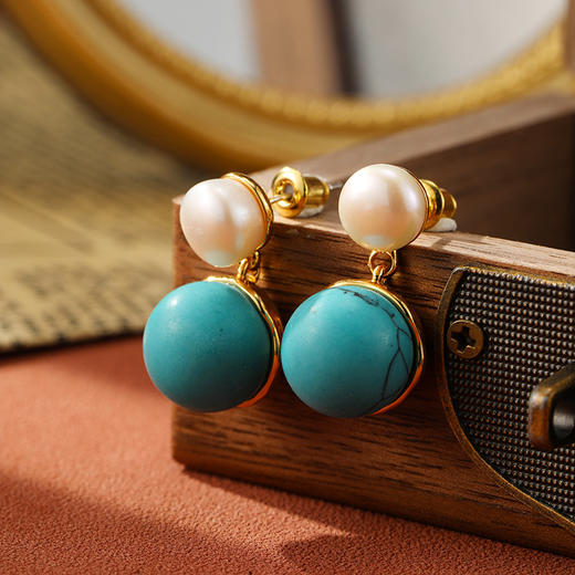 丁摩 925银针天然淡水珍珠耳环高级感绿松石复古耳坠耳饰5ZF-0026 商品图0