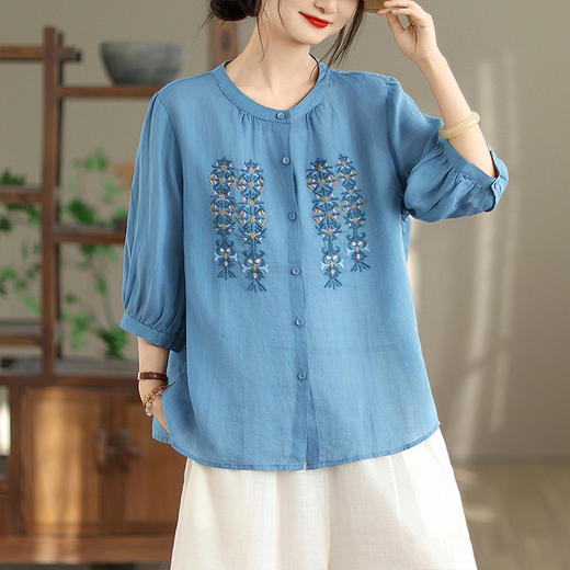 雀说 重工刺绣文艺衬衫气质立领衬衣B100-6869 商品图3