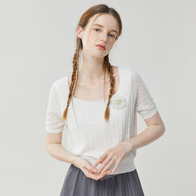 Famecoco范可儿短款低领针织衫女夏季新款短袖方领镂空上衣FAB3DB004