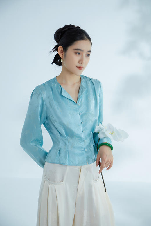 荷言HEYEN 清姝 雨打寒竹金通织金正绢真丝上衣蓝色复古优雅高定系列 商品图0