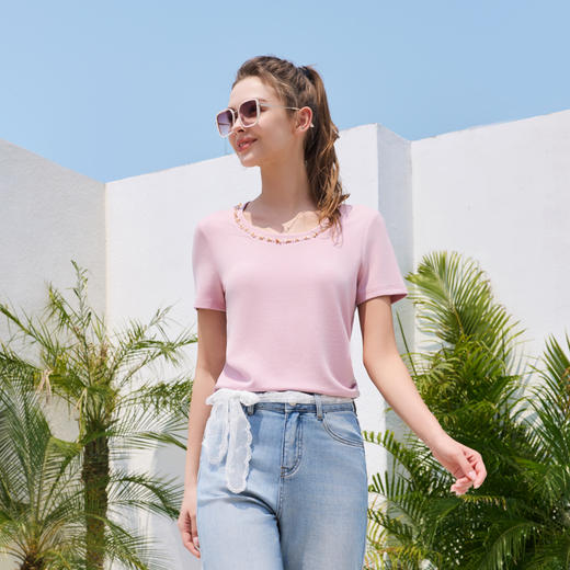 半身缘女装 夏季修身显瘦贝壳珠装饰凉爽透气短袖252113U01113518 商品图3