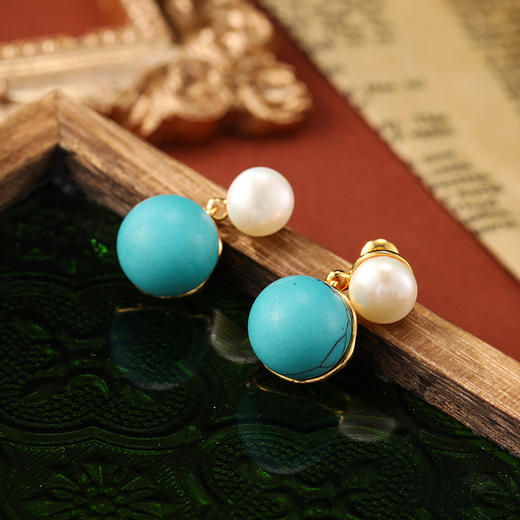 丁摩 925银针天然淡水珍珠耳环高级感绿松石复古耳坠耳饰5ZF-0026 商品图5