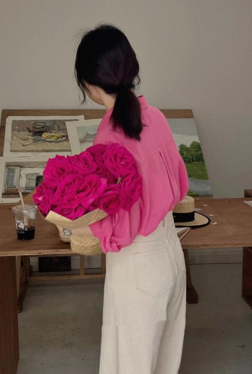 显白第一名 苎麻子玫红衬衣| 香云纱V领裙|T恤+阔腿裤+马甲 商品图7