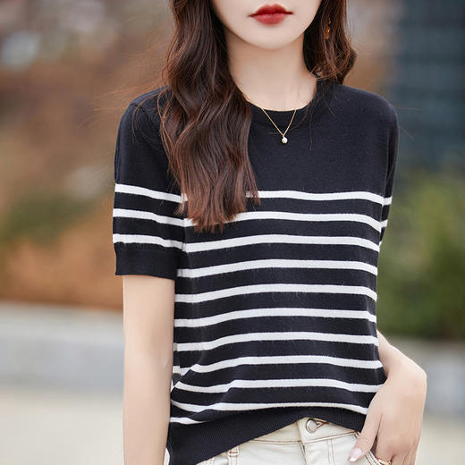 丁摩 春夏新款黑白条纹针织短袖t恤女宽松圆领正肩气质减龄打底体5ZF-275 商品图1
