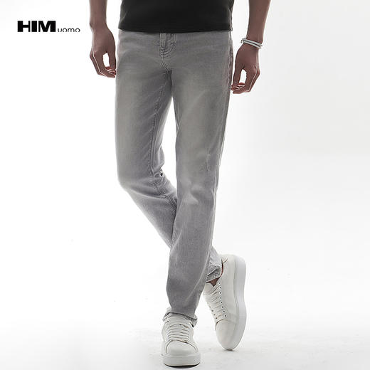 HIM漢崇  潮流简约灰牛仔裤个性吊磨小割破修身休闲裤男 2026春季 商品图0