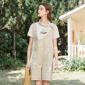 Famecoco范可儿不对称背带裤女夏季新款设计感休闲五分阔脚裤FAB3GF003