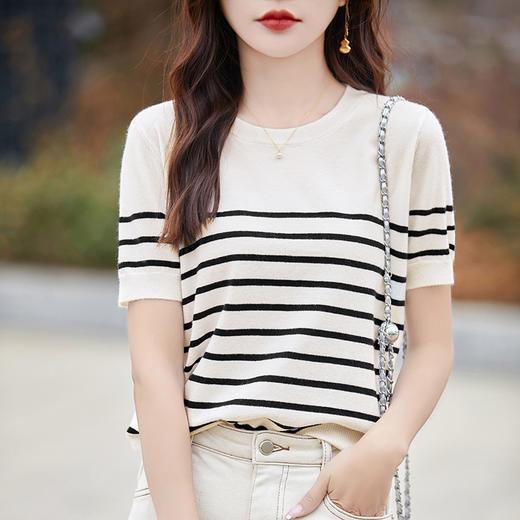 丁摩 春夏新款黑白条纹针织短袖t恤女宽松圆领正肩气质减龄打底体5ZF-275 商品图8