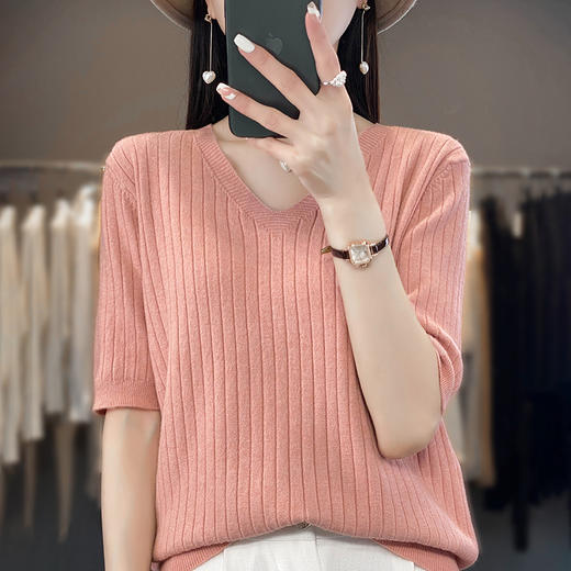丁摩 五分袖针织打底衫女V领套头半袖薄毛衣简约纯色毛衫中袖上衣T恤5ZF-4281 商品图8