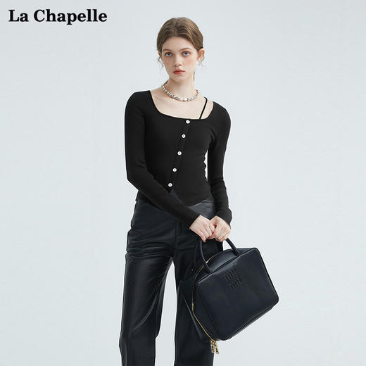 天猫同步【弹力修身打底】拉夏贝尔/La Chapelle吊带不规则斜扣长袖T恤女设计感修身显瘦上衣 商品图0