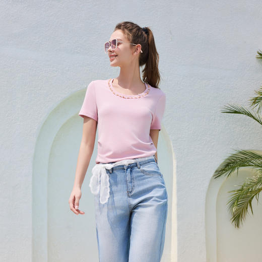 半身缘女装 夏季修身显瘦贝壳珠装饰凉爽透气短袖252113U01113518 商品图0