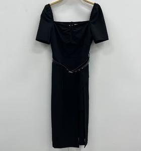 N配皮带U领修身短袖连衣裙（黑）夏季152070030321