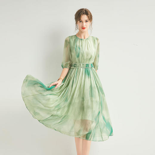 丁摩 真丝连衣裙优雅夏季女装高级感新款收腰气质时尚桑蚕丝女长裙5ZF-065 商品图2