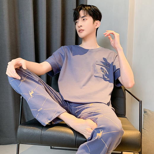 自然醒浮云家居服睡衣男士夏季纯棉薄款短袖长裤可外穿宽松大码家居服套装QH 商品图7