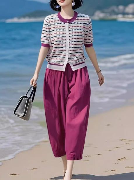 树莓色冰丝针织开衫，松紧腰哈伦裤两件套装SD-475 商品图2