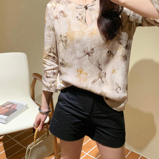 洛诗琳10153气质新中式印花衬衫2025夏季国风改良款印花上衣1182 商品图0